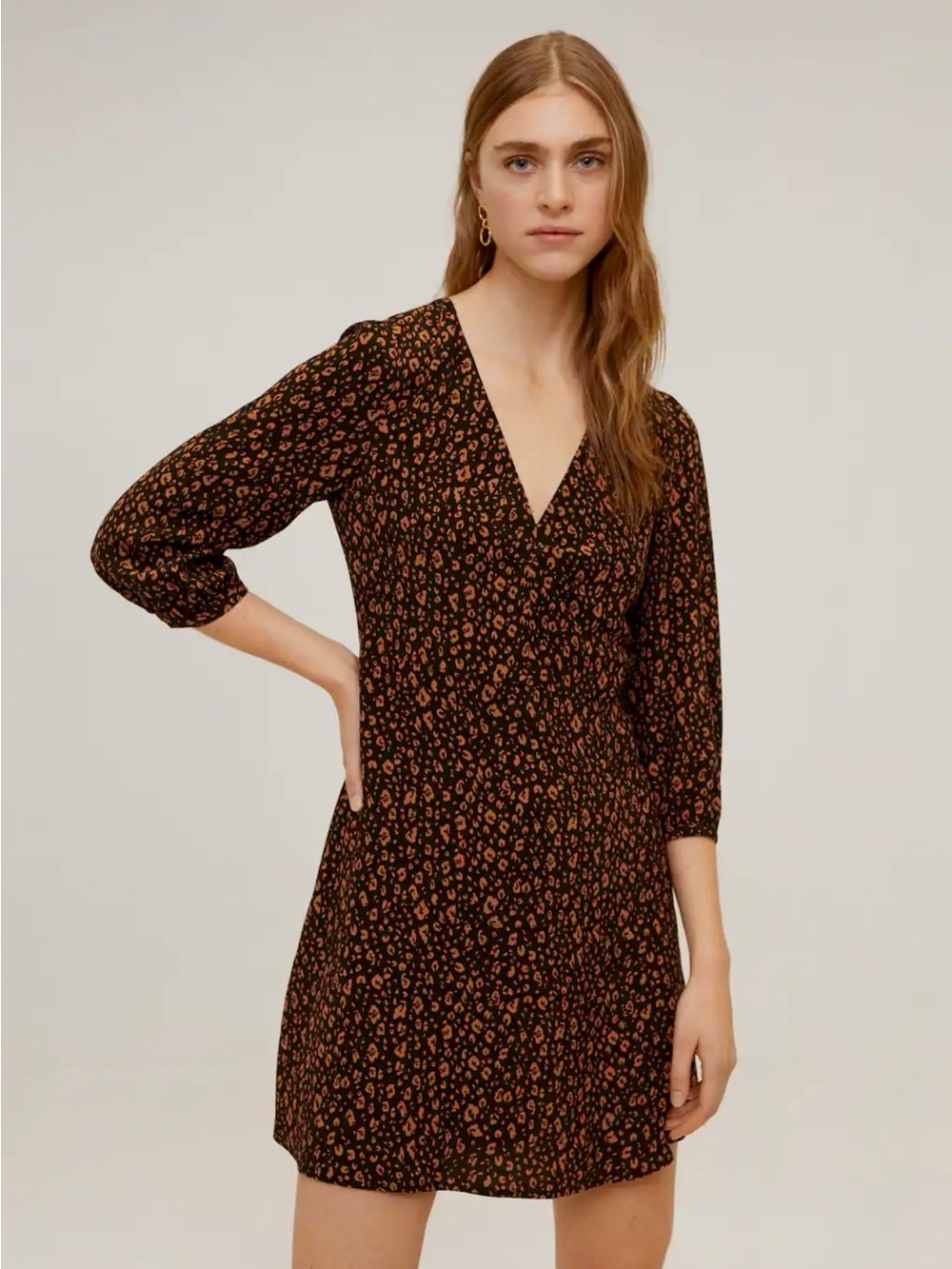 Mango Leopard Print Mini Dress Size M V-Neck 3/4 Sleeve Lined